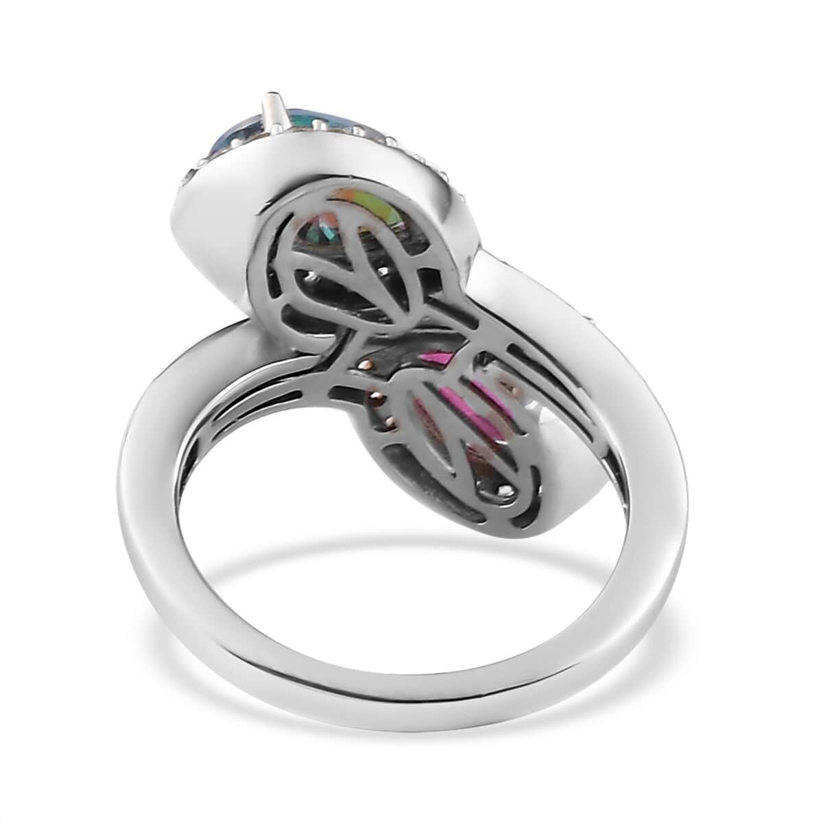 Periwinkle Bloom Petalite, Padparadscha Pink Petalite and Natural White Zircon Bypass Ring in Vermeil Yellow Gold and Platinum Over Sterling Silver 2.60 ctw image number 4