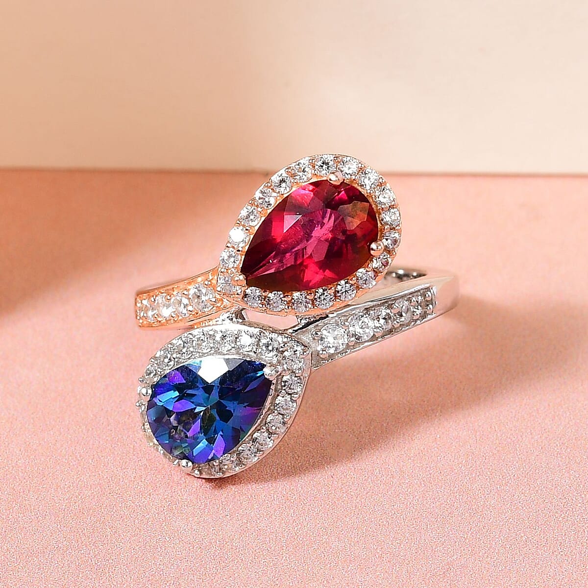 Brazilian Periwinkle Bloom Petalite, Brazilian Pink Petalite and Natural White Zircon Bypass Ring in Vermeil Yellow Gold and Platinum Over Sterling Silver (Size 5.0) 2.60 ctw image number 1