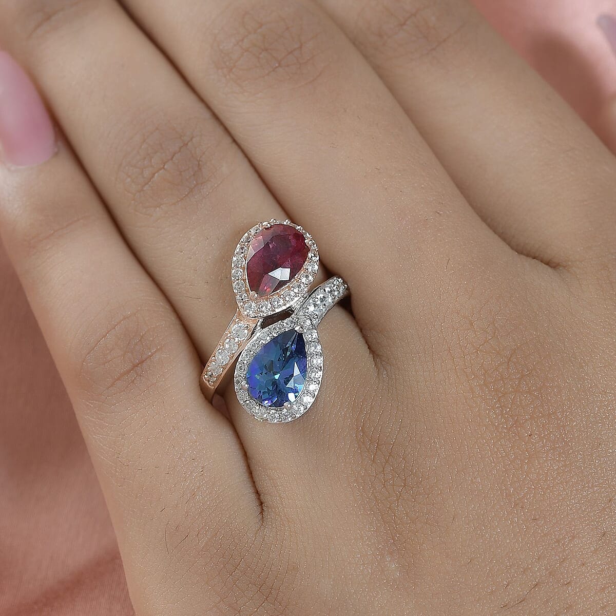 Brazilian Periwinkle Bloom Petalite, Brazilian Pink Petalite and Natural White Zircon Bypass Ring in Vermeil Yellow Gold and Platinum Over Sterling Silver (Size 5.0) 2.60 ctw image number 2