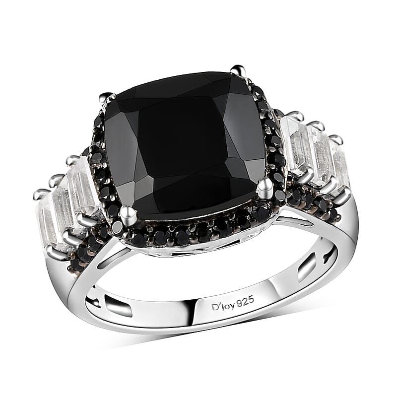 Thai Black Spinel and White Topaz Ring in Rhodium and Platinum Over Sterling Silver (Size 10.0) 7.00 ctw