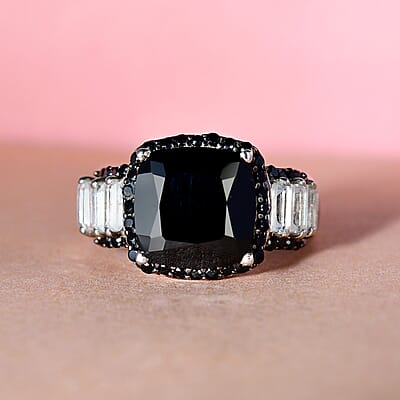 Thai Black Spinel and White Topaz Ring in Rhodium and Platinum Over Sterling Silver (Size 10.0) 7.00 ctw