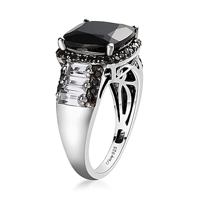 Thai Black Spinel and White Topaz Ring in Rhodium and Platinum Over Sterling Silver (Size 10.0) 7.00 ctw