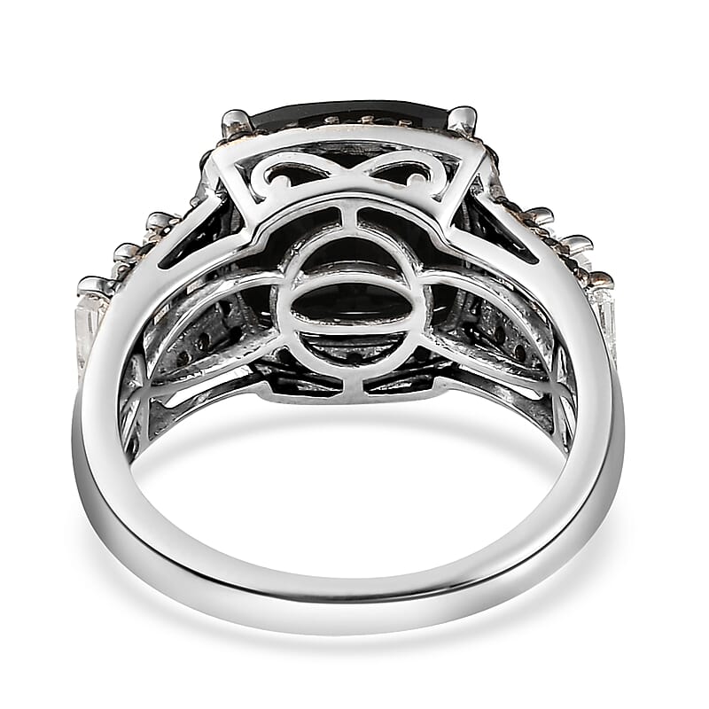 Thai Black Spinel and White Topaz Ring in Rhodium and Platinum Over Sterling Silver (Size 10.0) 7.00 ctw