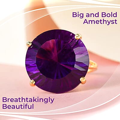 Premium Amethyst Ring in Vermeil Yellow Gold Over Sterling Silver, Concave Cut Amethyst, Silver Solitaire Ring, Engagement Rings For Her 22.75 ctw (Size 10)
