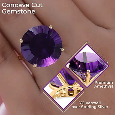 Premium Amethyst Ring in Vermeil Yellow Gold Over Sterling Silver, Concave Cut Amethyst, Silver Solitaire Ring, Engagement Rings For Her 22.75 ctw (Size 10)
