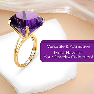 Premium Amethyst Ring in Vermeil Yellow Gold Over Sterling Silver, Concave Cut Amethyst, Silver Solitaire Ring, Engagement Rings For Her 22.75 ctw (Size 10)