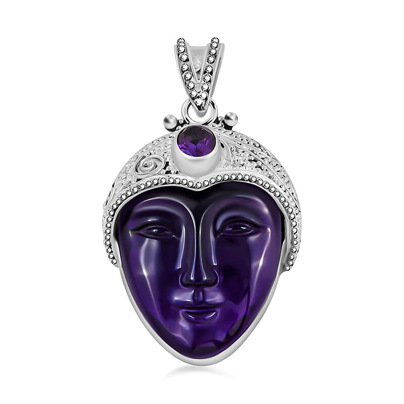 Sajen Silver African Amethyst Pendant, Carved Amethyst Pendant, Sterling Silver Pendant 33.85 ctw