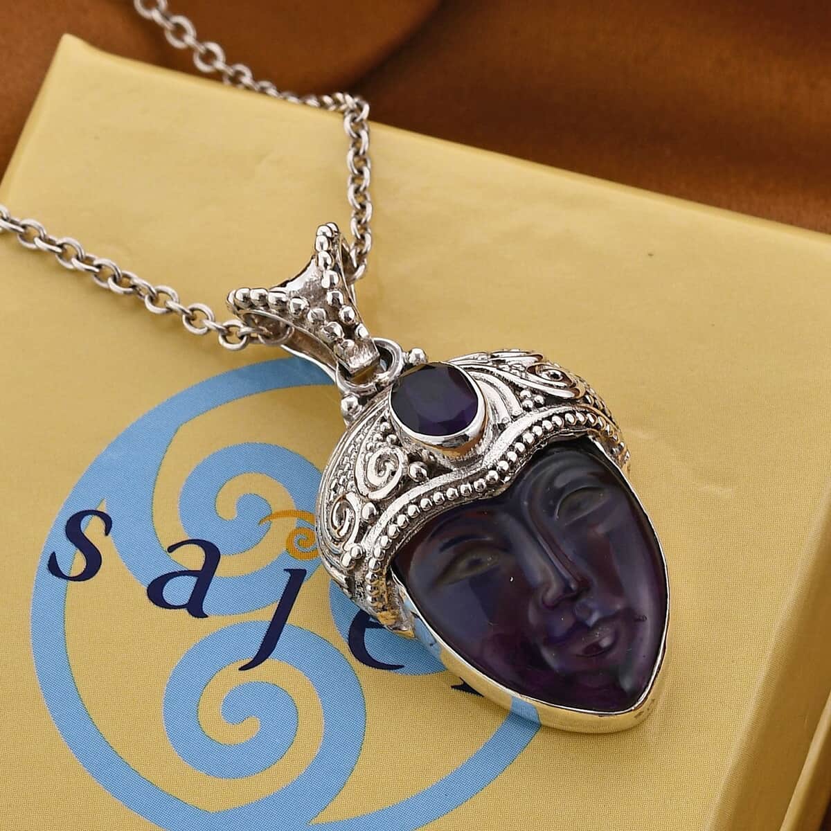 Sajen Silver African Amethyst Pendant, Carved Amethyst Pendant, Sterling Silver Pendant 33.85 ctw image number 1