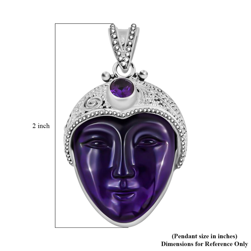 Sajen Silver African Amethyst Pendant, Carved Amethyst Pendant, Sterling Silver Pendant 33.85 ctw
