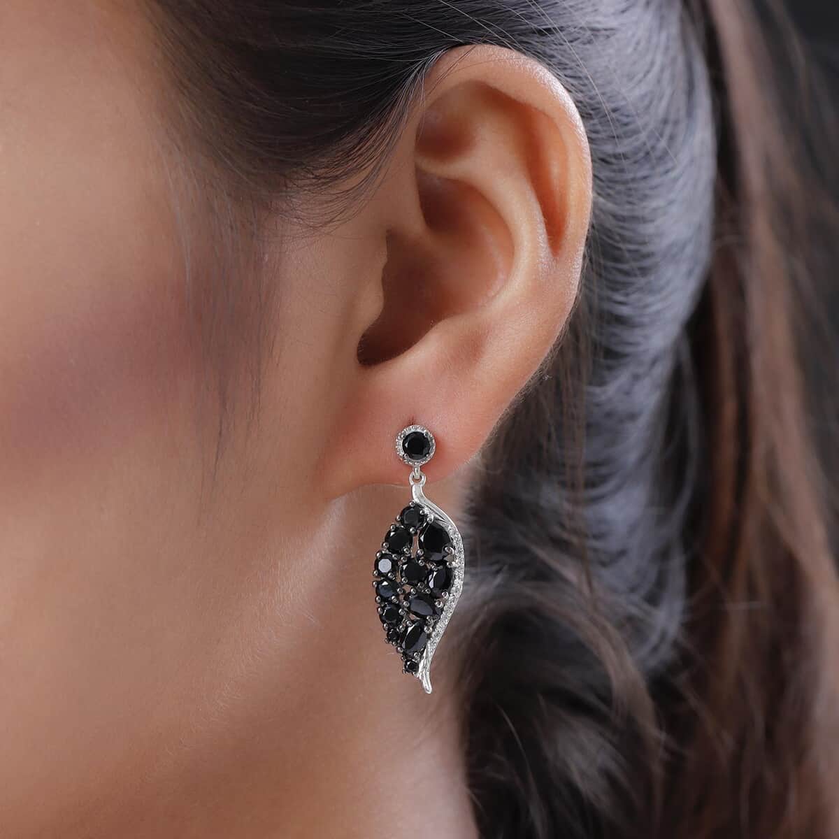 Thai Black Spinel and Natural White Zircon Dangling Earrings in Platinum Over Sterling Silver 6.00 ctw image number 2
