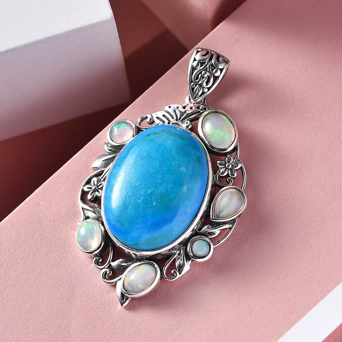 Artisan Crafted Premium Peruvian Opalina and Ethiopian Welo Opal Pendant in Sterling Silver 17.90 ctw image number 1