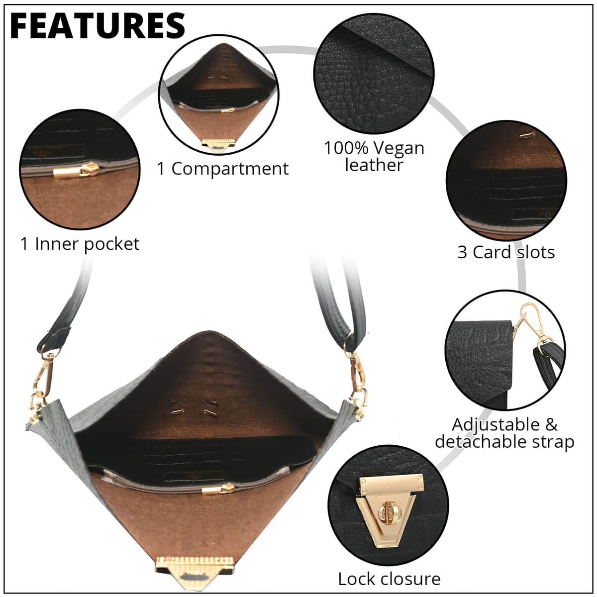 YOUZEY Black Croc Embossed Vegan Leather Envelope Crossbody Bag for Women | Designer Crossbody Bag Purse | Vegan Leather Bag image number 1