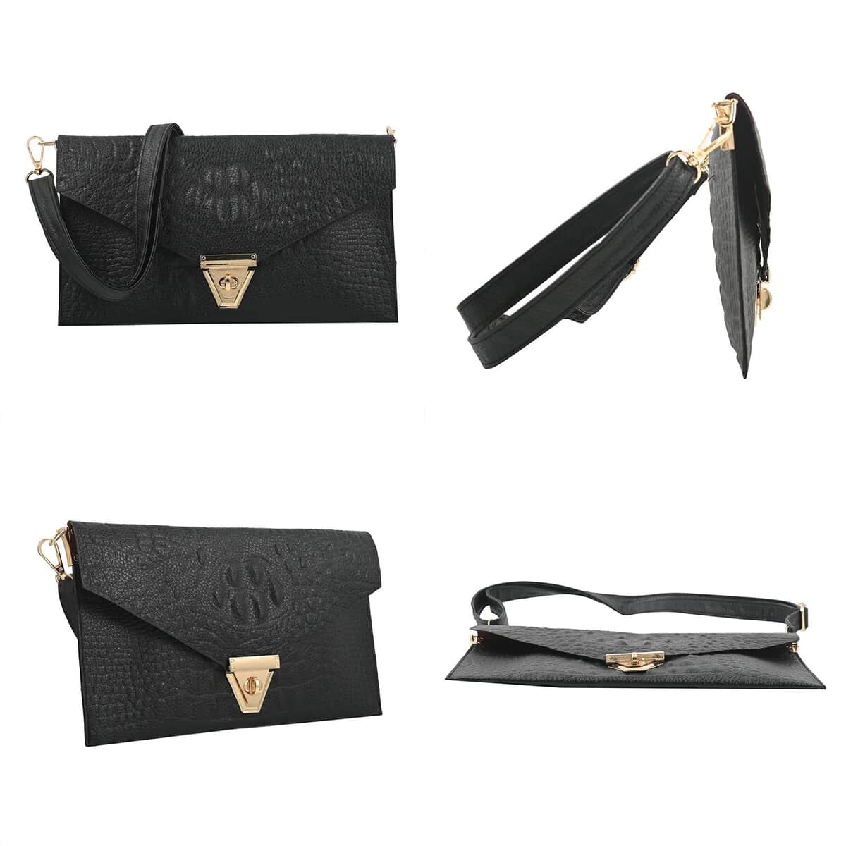 YOUZEY Black Croc Embossed Vegan Leather Envelope Crossbody Bag for Women | Designer Crossbody Bag Purse | Vegan Leather Bag image number 6