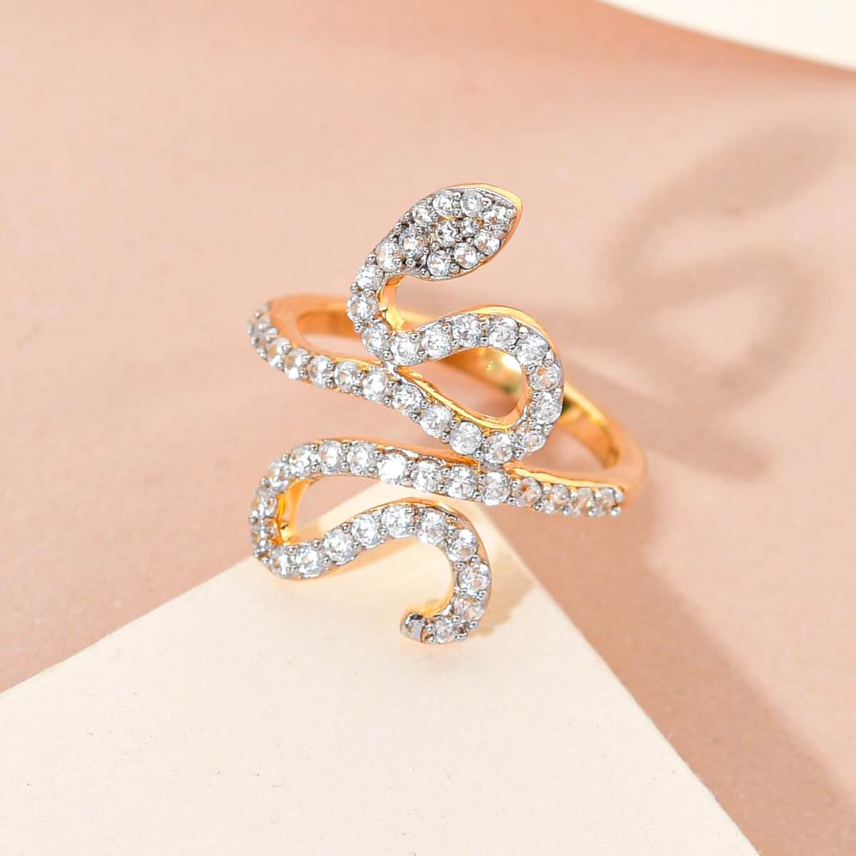 White Zircon 1.10 ctw Snake Ring in Vermeil Yellow Gold Over Sterling Silver (Size 7.0) image number 1