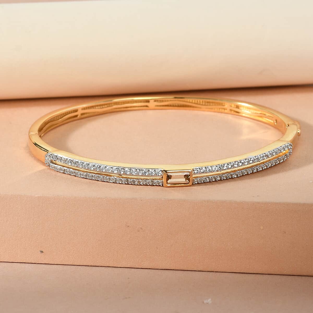 Imperial Topaz and Natural White Zircon Bangle Bracelet in Vermeil Yellow Gold Over Sterling Silver 2.00 ctw image number 1