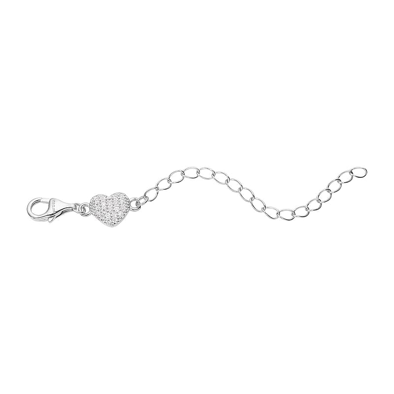 Simulated Diamond 9mm Lobster Lock with Heart Extender Chain in Rhodium Over Sterling Silver (2 In) 0.20 ctw