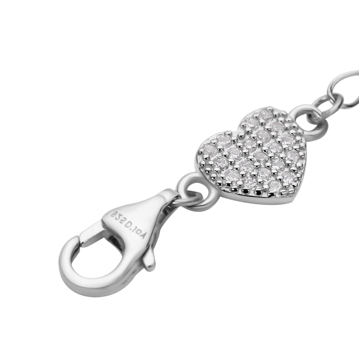 Simulated Diamond 9mm Lobster Lock with Heart Extender Chain in Rhodium Over Sterling Silver (2 In) 0.20 ctw image number 1