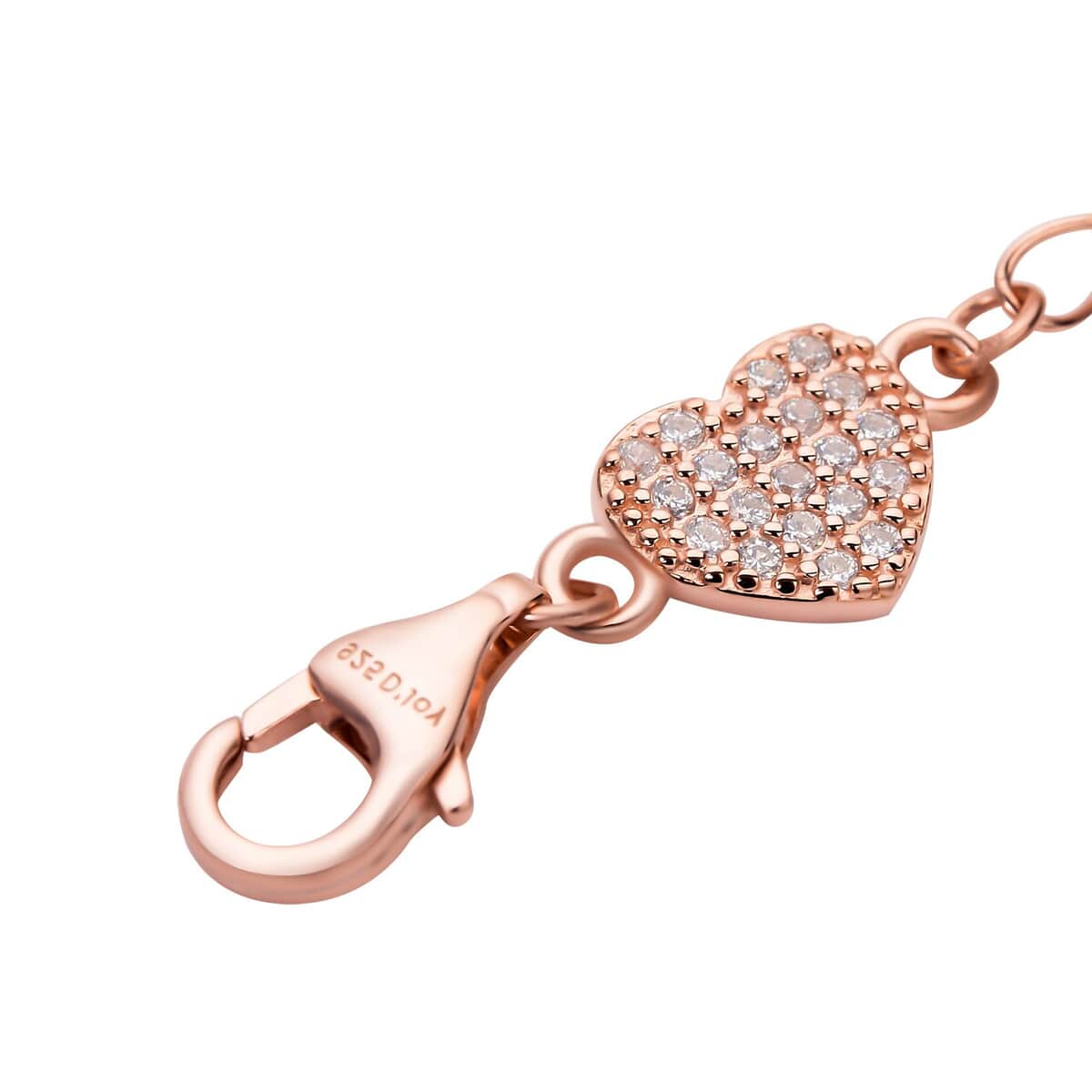 Simulated Diamond 9mm Lobster Lock with Heart Extender Chain in 14K Rose Gold Over Sterling Silver (2 In) 0.20 ctw image number 1