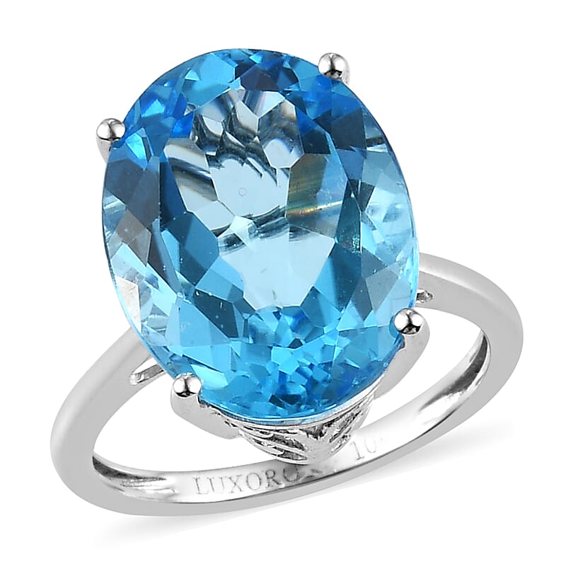 Luxoro 10K White Gold AAA Swiss Blue Topaz Solitaire Ring (Size 10.0) 11.85 ctw