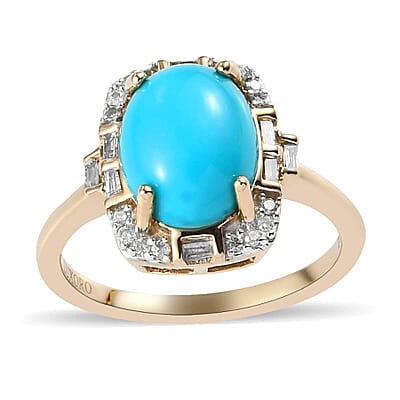 Luxoro 10K Yellow Gold Premium Sleeping Beauty Turquoise and Diamond Halo Ring (Size 6.0) 2.60 ctw