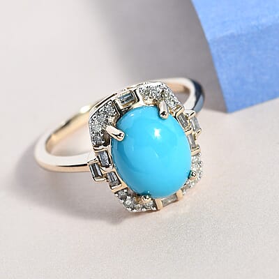 Luxoro 10K Yellow Gold Premium Sleeping Beauty Turquoise and Diamond Halo Ring (Size 6.0) 2.60 ctw