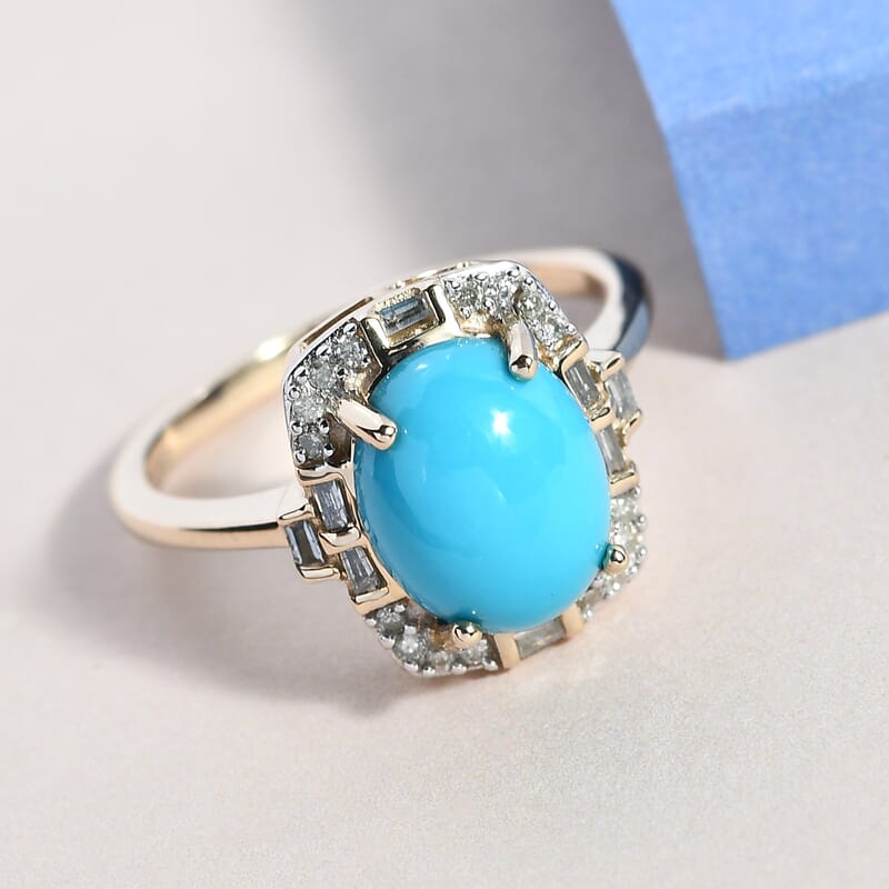 Luxoro 10K Yellow Gold Premium Sleeping Beauty Turquoise and Diamond Halo Ring (Size 6.0) 2.60 ctw