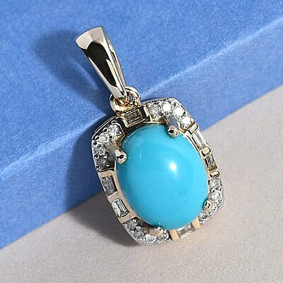 Luxoro 10K Yellow Gold Premium Sleeping Beauty Turquoise and Diamond Pendant 2.55 ctw