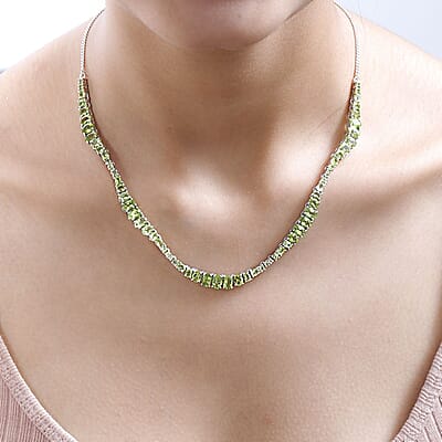 Arizona Peridot Fancy Tennis Necklace 18 Inches in Platinum Over Sterling Silver 15.85 ctw