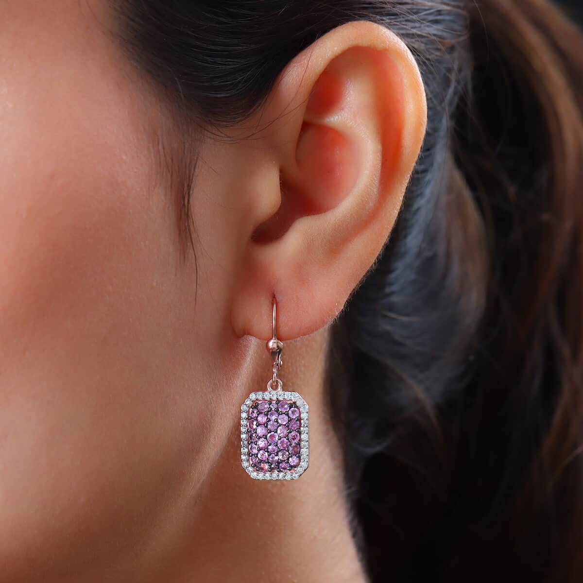Madagascar Pink Sapphire and Natural White Zircon Lever Back Cluster Earrings in Vermeil Rose Gold Over Sterling Silver 3.30 ctw image number 2
