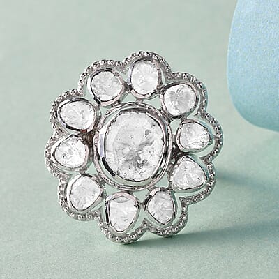 Polki Diamond Cocktail Ring in Platinum Over Sterling Silver (Size 10.0) 1.50 ctw