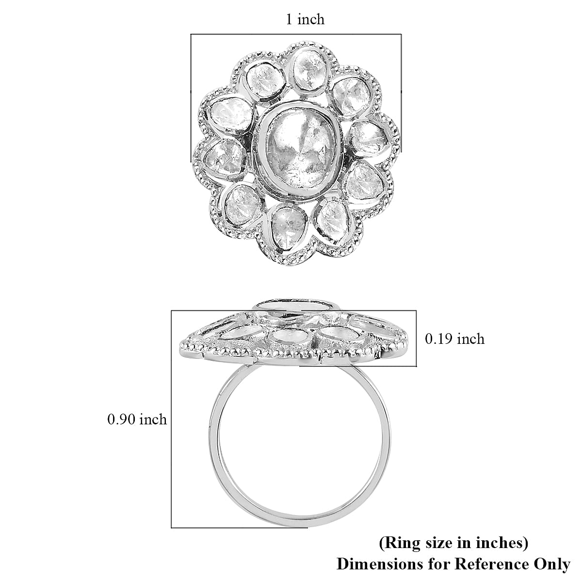 Polki Diamond Cocktail Ring in Platinum Over Sterling Silver (Size 10.0) 1.50 ctw