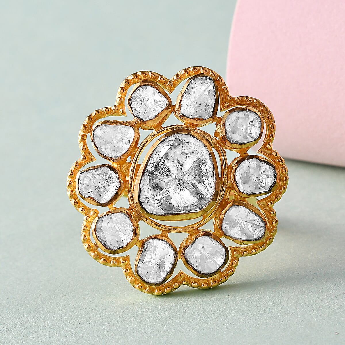 Polki Diamond Cocktail Ring in 14K Yellow Gold Over Sterling Silver (Size 6.0) 1.50 ctw image number 1