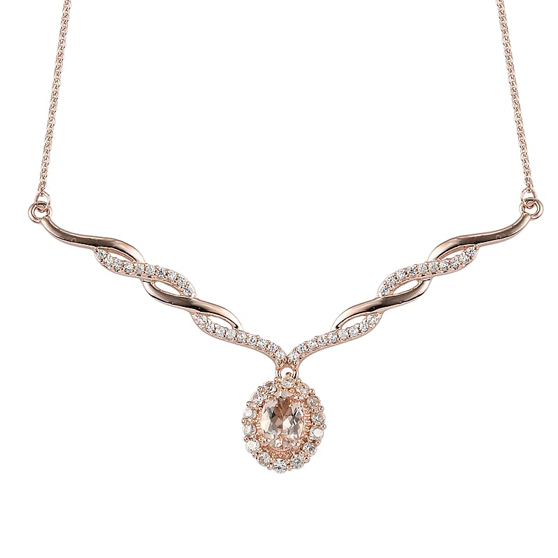 Marropino Morganite and Natural White Zircon Necklace 18 Inches in Vermeil Rose Gold Over Sterling Silver 1.45 ctw