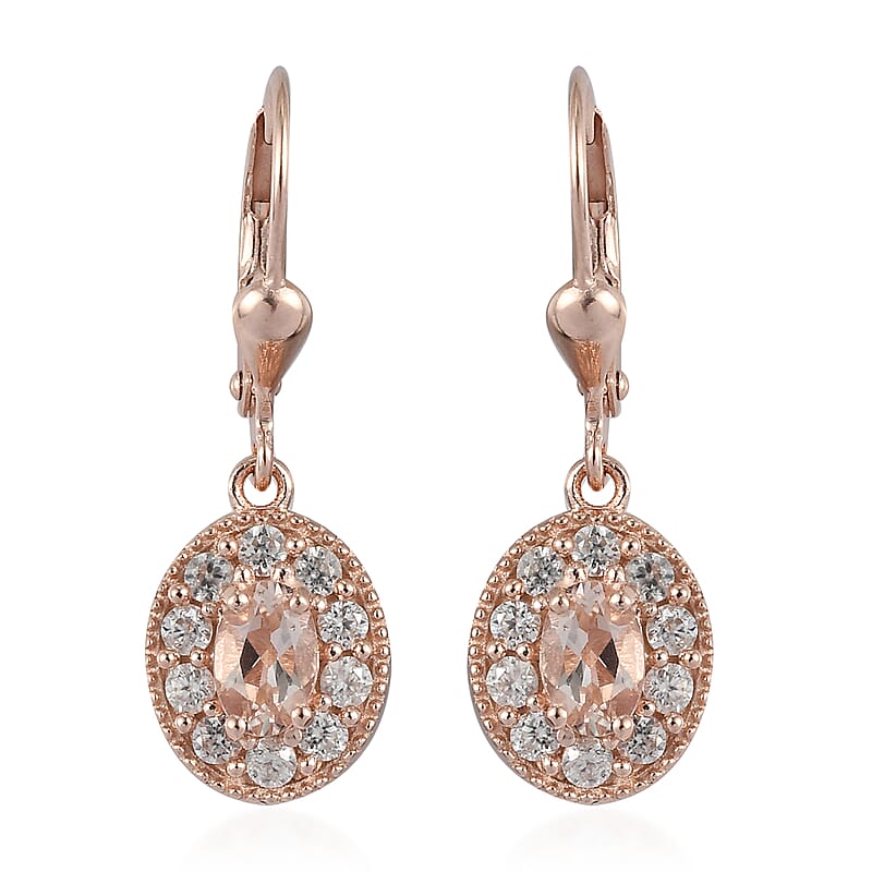 Marropino Morganite and Natural White Zircon Halo Dangle Earrings in Vermeil RG Over Sterling Silver 1.80 ctw