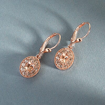 Marropino Morganite and Natural White Zircon Halo Dangle Earrings in Vermeil RG Over Sterling Silver 1.80 ctw