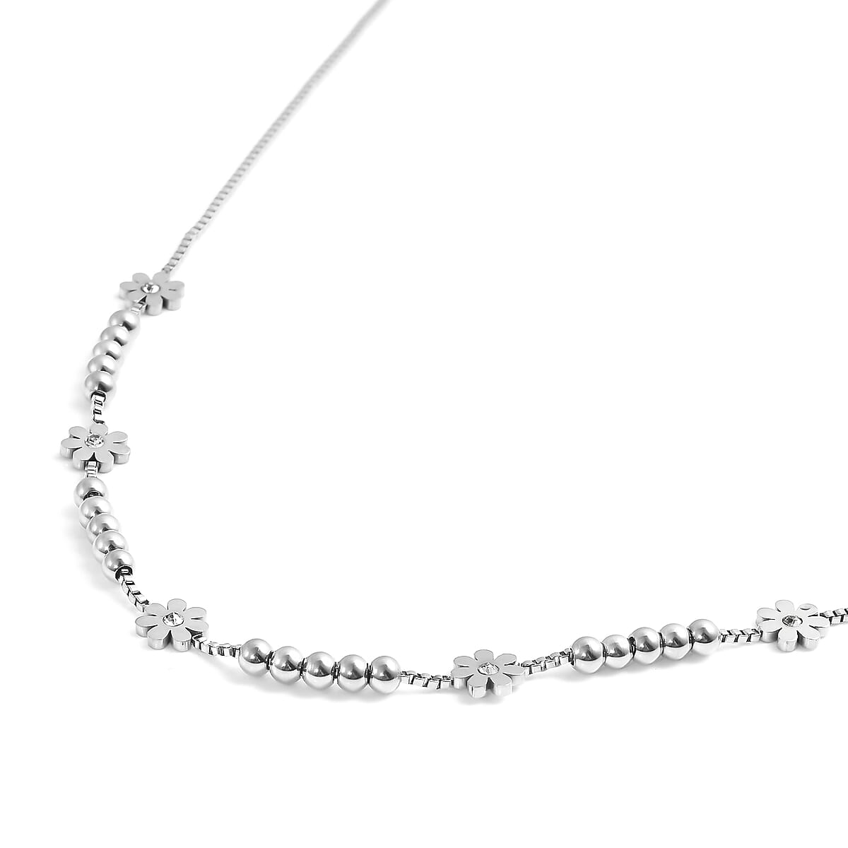 White Austrian Crystal Flower Necklace 17 Inches in Stainless Steel 0.20 ctw image number 2