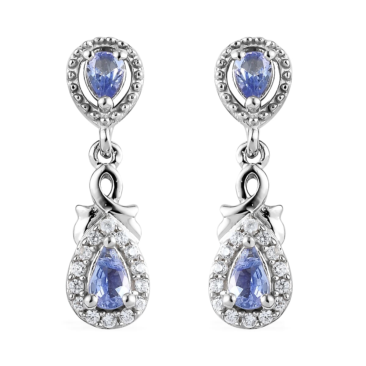 Tanzanite and Natural White Zircon Earrings in Platinum Over Sterling Silver 1.00 ctw
