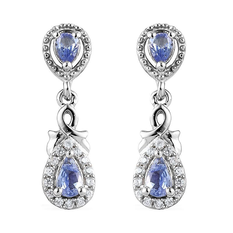 Tanzanite and Natural White Zircon Earrings in Platinum Over Sterling Silver 1.00 ctw