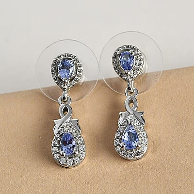 Tanzanite and Natural White Zircon Earrings in Platinum Over Sterling Silver 1.00 ctw