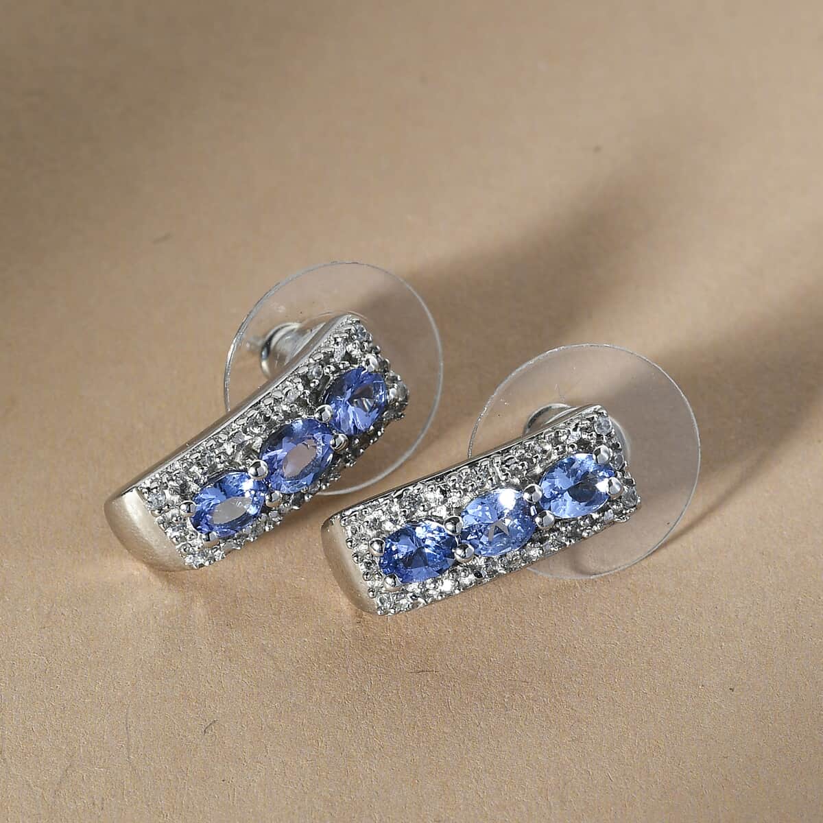 Tanzanite and White Zircon J-Hoop Earrings in Platinum Over Sterling Silver 1.10 ctw image number 1