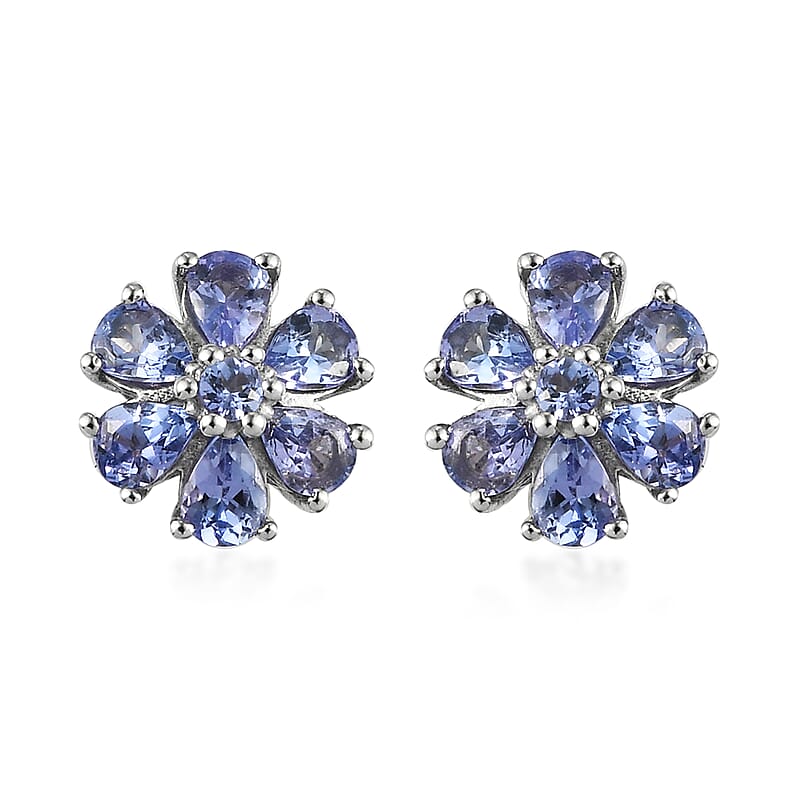Tanzanite Flower Stud Earrings in Platinum Over Sterling Silver 1.40 ctw