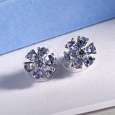 Tanzanite Flower Stud Earrings in Platinum Over Sterling Silver 1.40 ctw