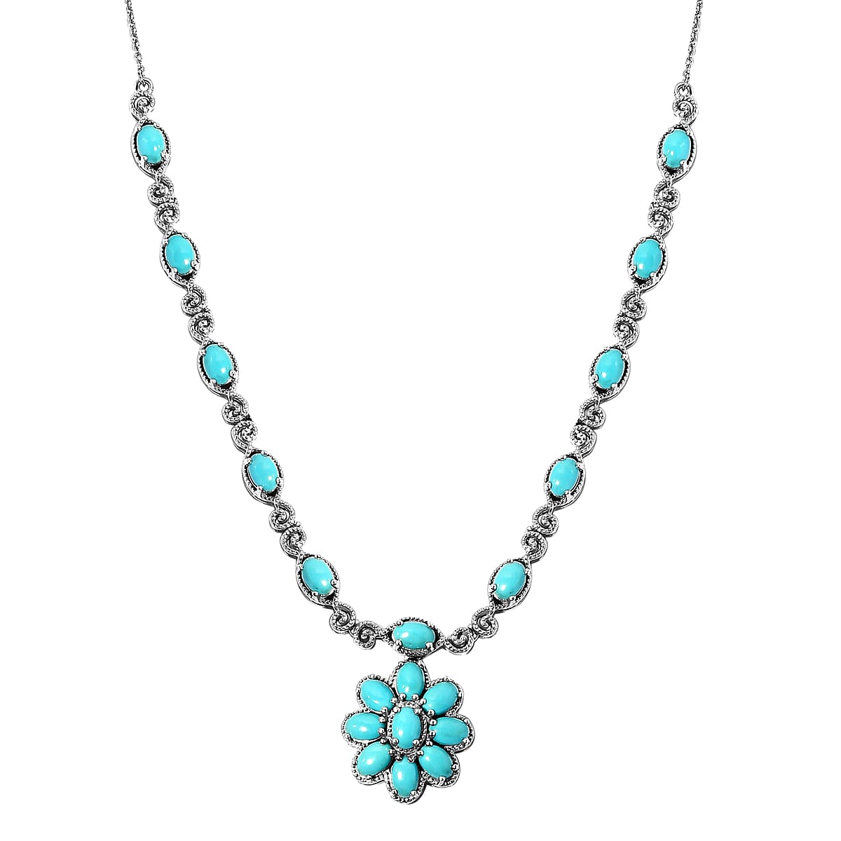 AMERICAN Natural Sleeping Beauty Turquoise Station Necklace 18 Inches in Platinum Over Sterling Silver 15.80 Grams 7.15 ctw image number 0