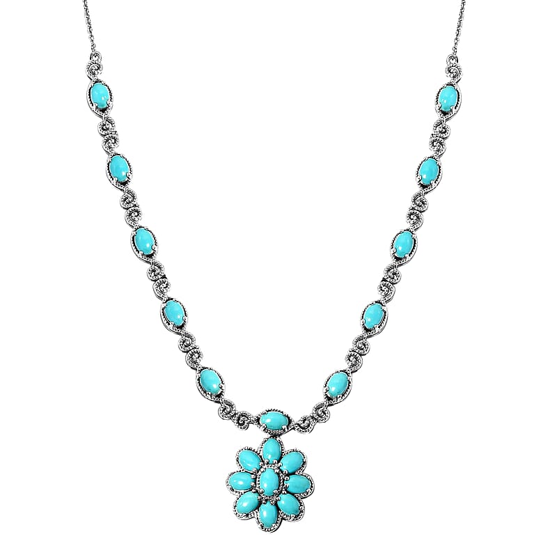 AMERICAN Natural Sleeping Beauty Turquoise Station Necklace 18 Inches in Platinum Over Sterling Silver 15.80 Grams 7.15 ctw