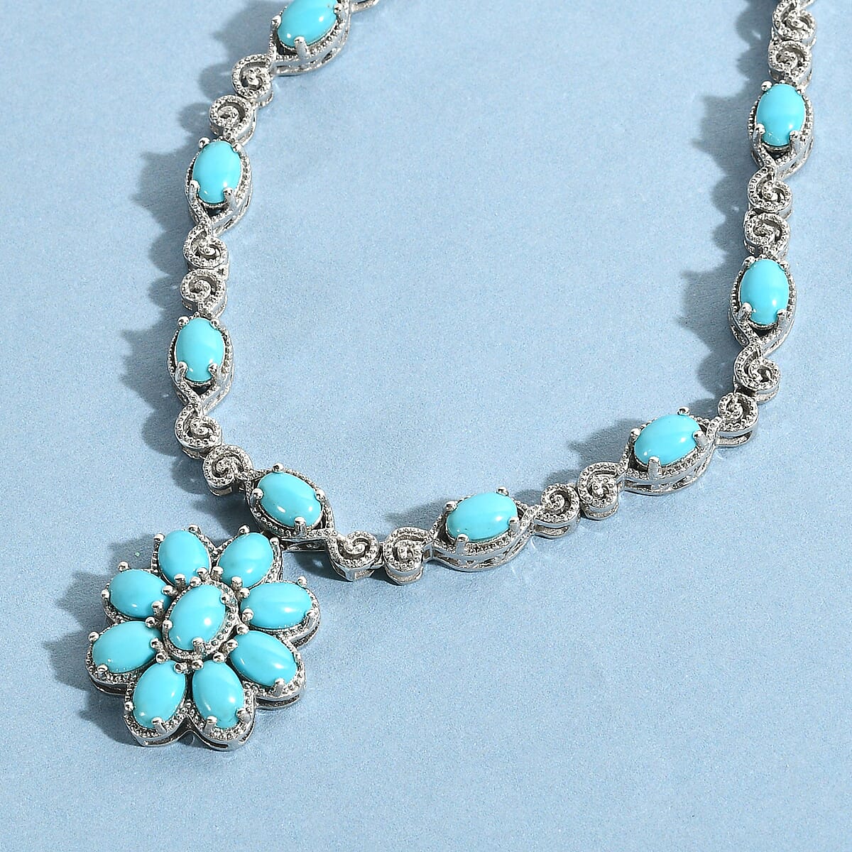 AMERICAN Natural Sleeping Beauty Turquoise Station Necklace 18 Inches in Platinum Over Sterling Silver 15.80 Grams 7.15 ctw image number 1