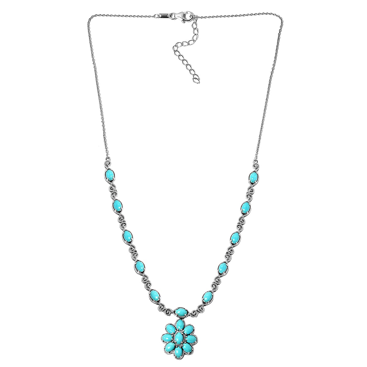 AMERICAN Natural Sleeping Beauty Turquoise Station Necklace 18 Inches in Platinum Over Sterling Silver 15.80 Grams 7.15 ctw image number 2