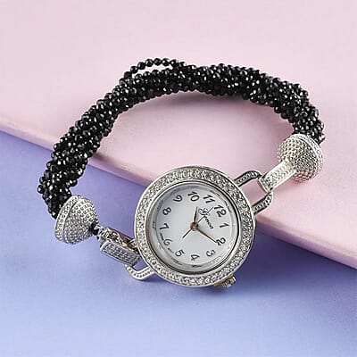 Genoa Miyota Japanese Movement Thai Black Spinel, Natural White Zircon Beaded Multi Strand Bracelet Watch (7.00 In) 71.00 ctw