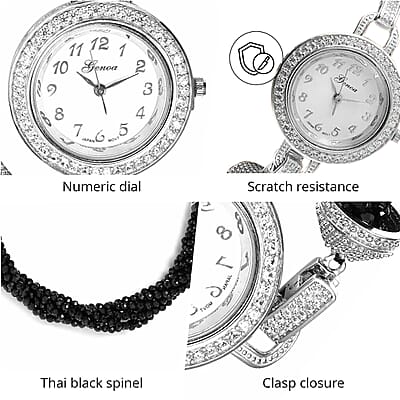Genoa Miyota Japanese Movement Thai Black Spinel, Natural White Zircon Beaded Multi Strand Bracelet Watch (7.00 In) 71.00 ctw
