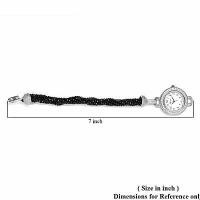 Genoa Miyota Japanese Movement Thai Black Spinel, Natural White Zircon Beaded Multi Strand Bracelet Watch (7.00 In) 71.00 ctw