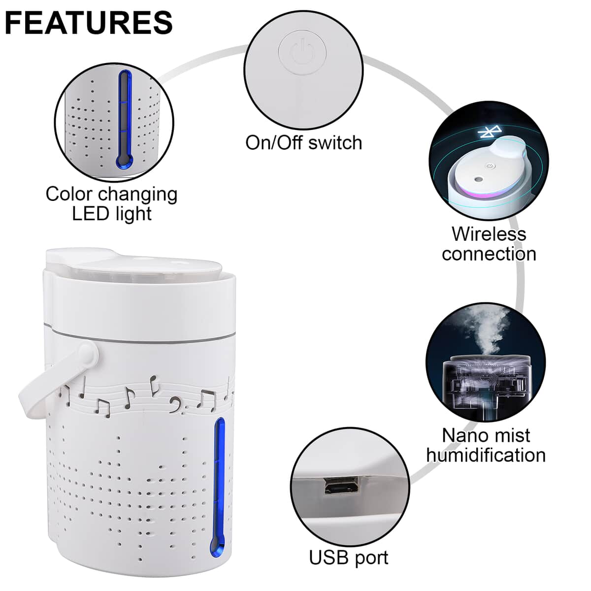 Music Humidifier (1000 ml) with Carry Handle and LED light and USB Cable image number 2